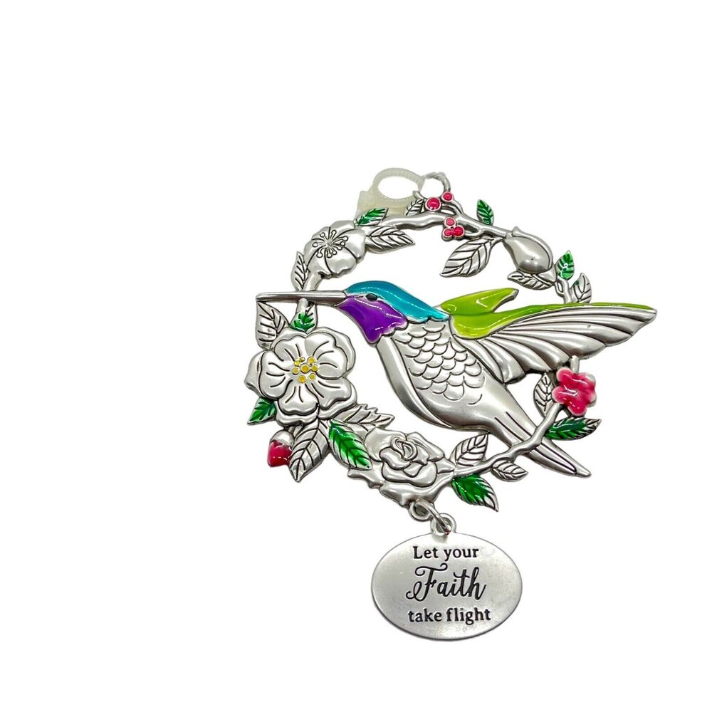 Hummingbird Christian Ornament "Let your faith take flight" Silver Tone Enamel